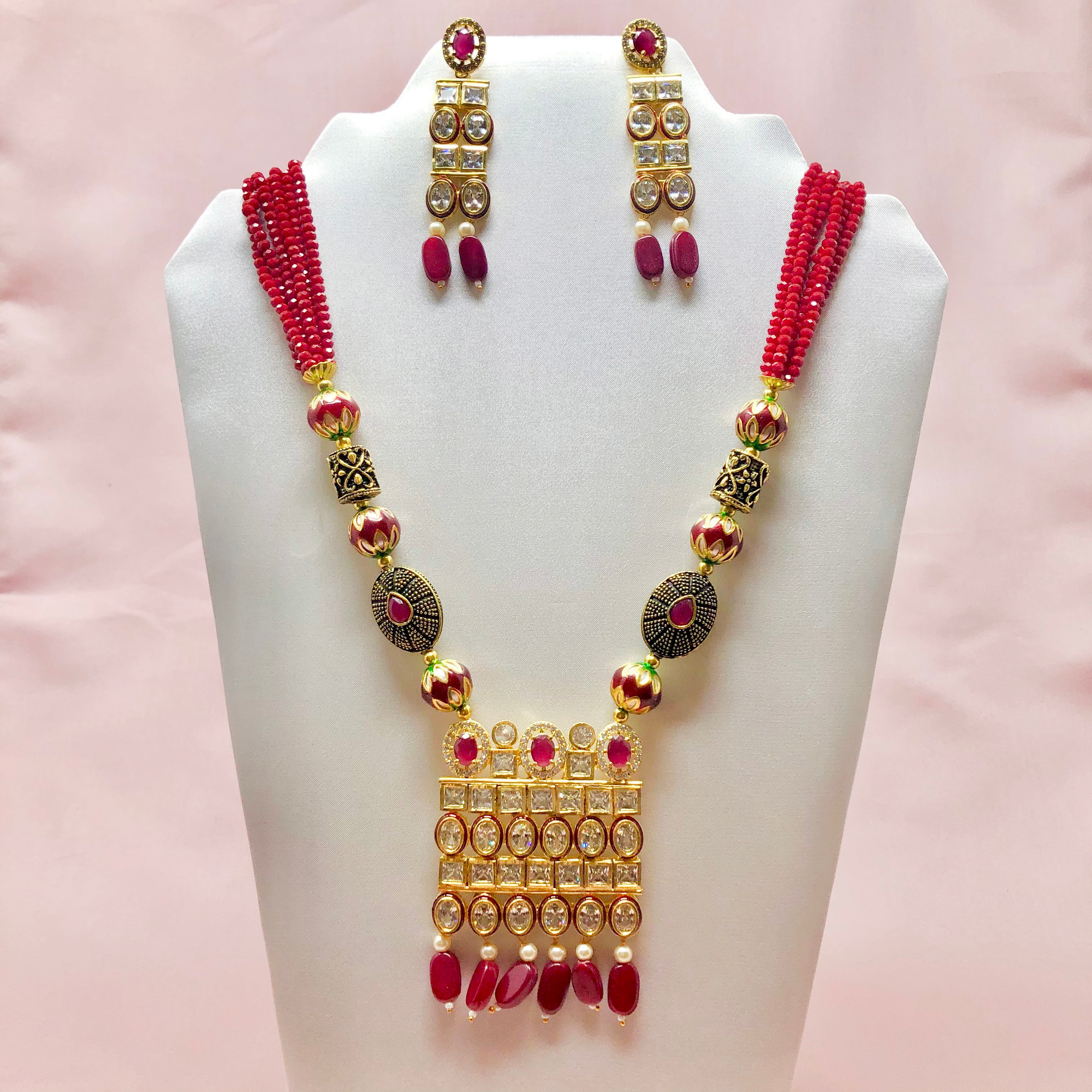 Jadau Kundan Bright Red Shimmerng Beads Kundan Necklace Set – PAAIE