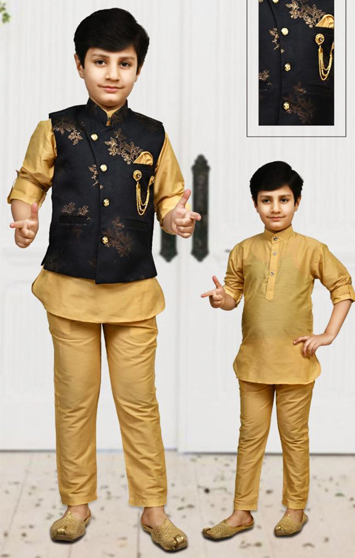 Boys' Sherwani & Pant in Golden/Black Color for Party Wear – PAAIE