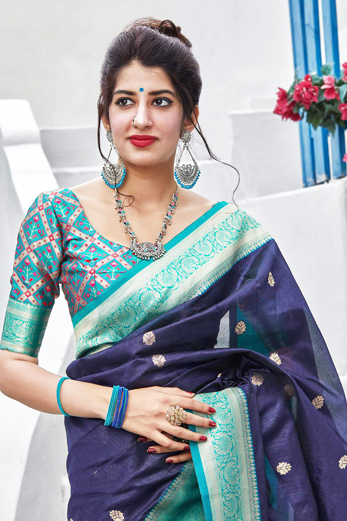 Banarasi Silk Designer Navy Blue Color Saree – PAAIE