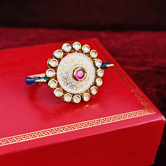 Designer Gold Plated Pink Enameled Royal Kundan & Ruby Beaded Ring (Design 125)