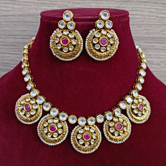 Designer Gold Plated Royal Kundan & Ruby Necklace with Earrings (D337)