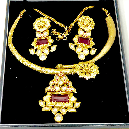 Simple Gold Plated Kundan Ruby Necklace 