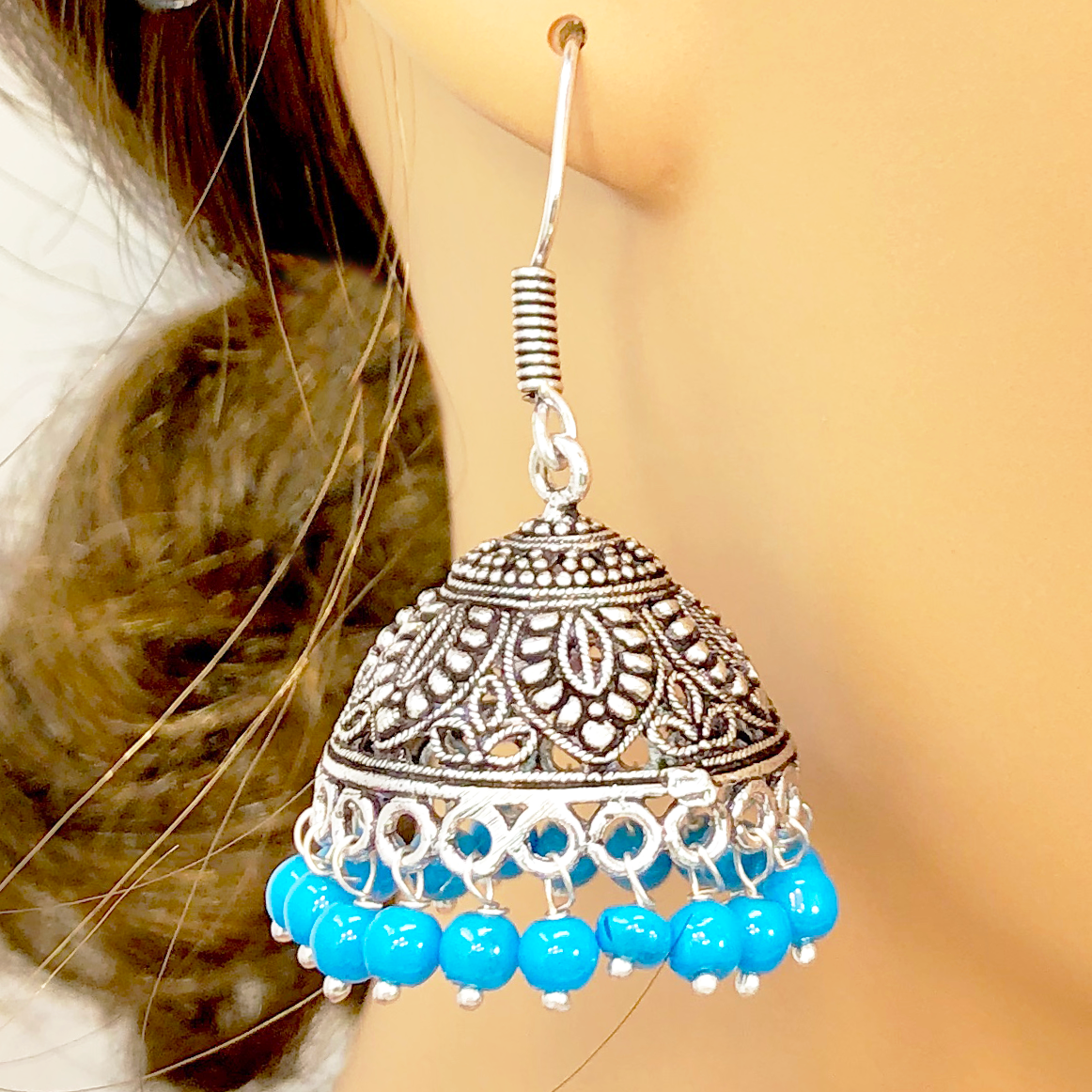 Leafy Designer Jhumki with Hook and Blue beads – PAAIE