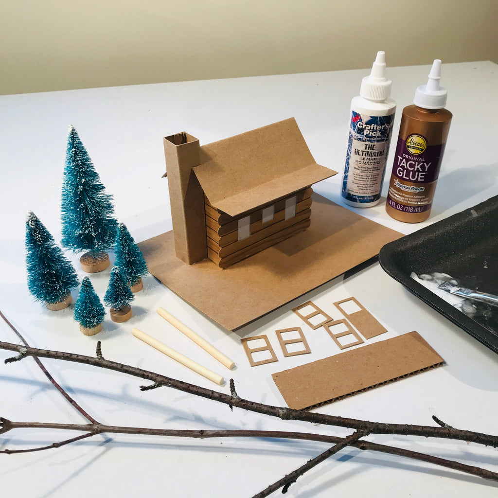 DIY Craft Christmas Putz Glitter House - Log Cabin - Assembled with Accessories