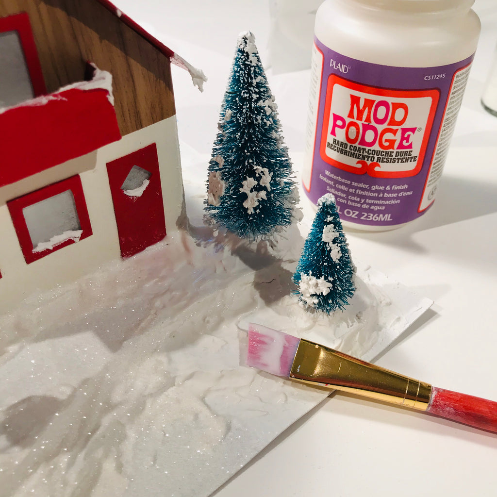 10 DIY Craft Christmas Putz Glitter House Swiss Style Alpine Chalet Glitter Mod Podge with Brush