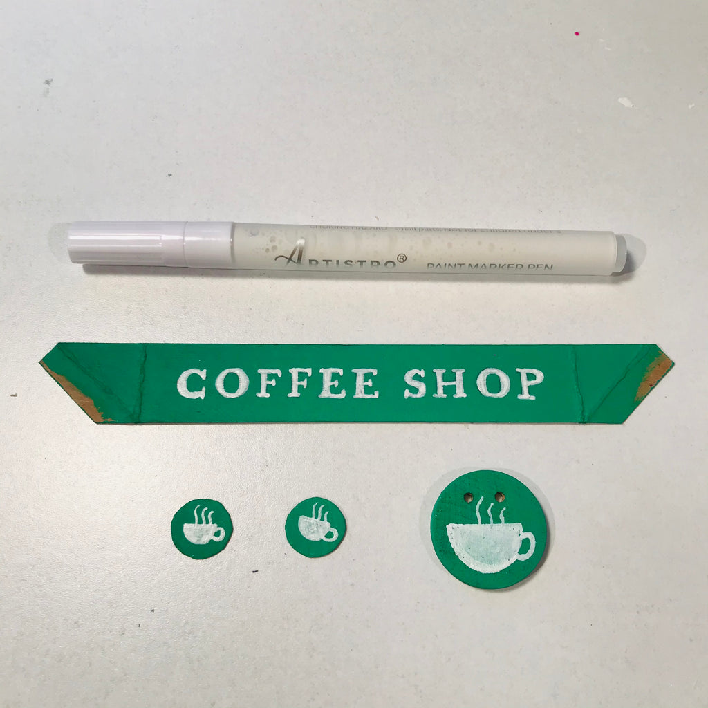 DIY Craft Christmas Putz Glitter House - Coffee Shop - Text Banner and Logos - Draw with white paint marker