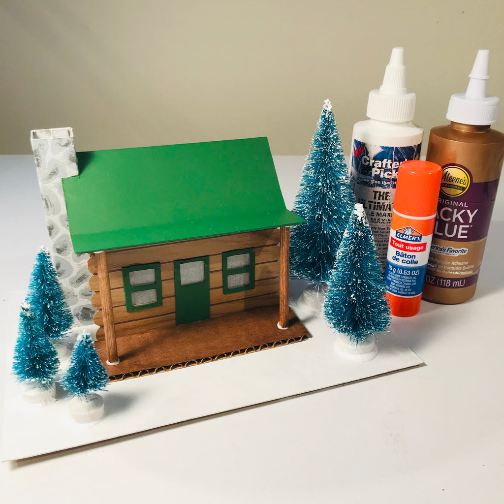 DIY Craft Christmas Putz Glitter House - Log Cabin - Glue the Accessories