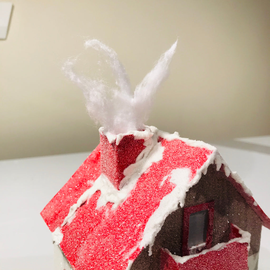 12 DIY Craft Christmas Putz Glitter House Swiss Style Alpine Chalet Cotton Ball Smoke Chimney