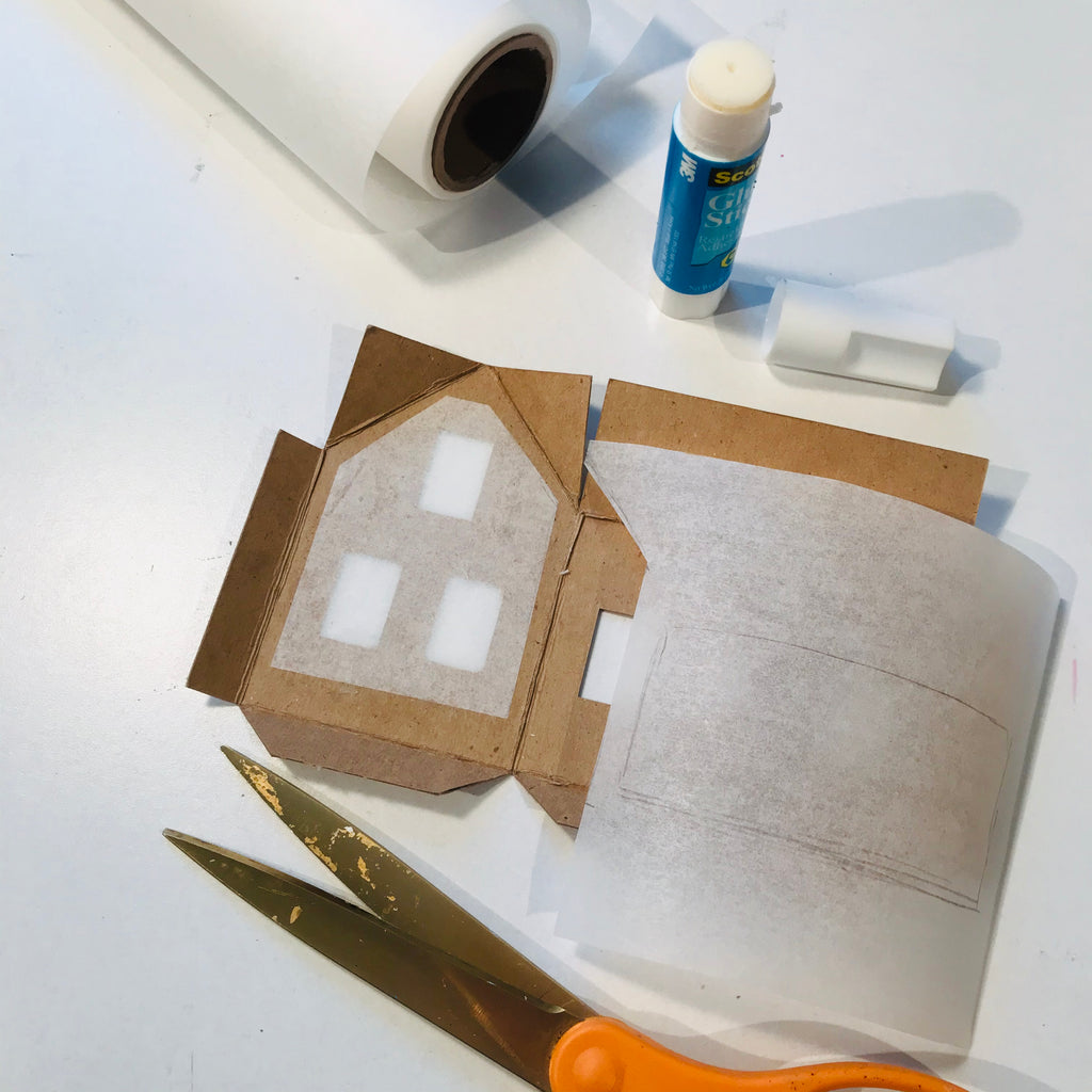 DIY Craft Tutorial - Christmas Village Putz Glitter House - Simple Cottage - Cut vellum paper and affix with glue stick