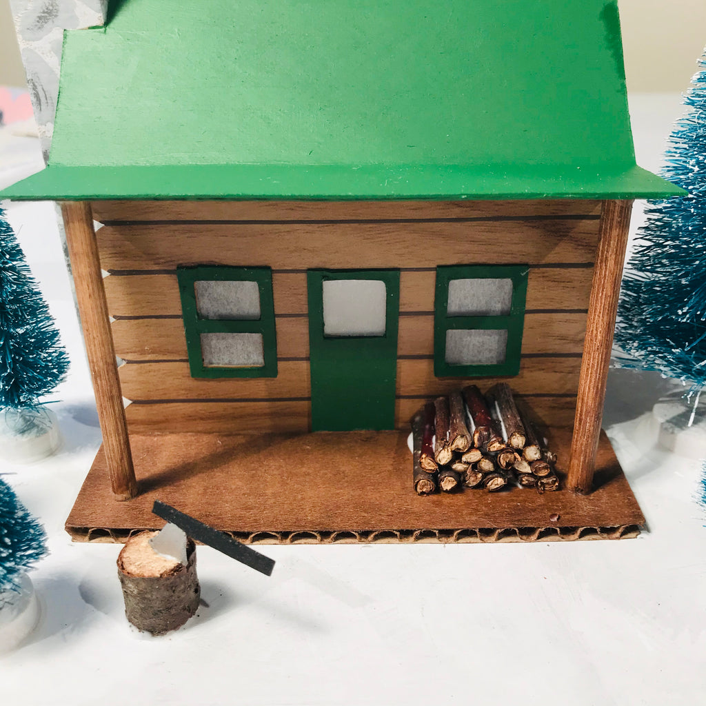 DIY Craft Christmas Putz Glitter House - Log Cabin - Firewood Pile and Axe in Log