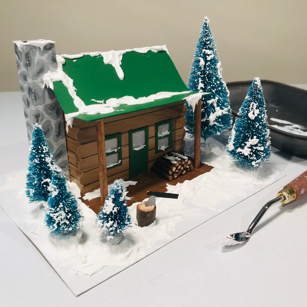 DIY Craft Christmas Putz Glitter House - Log Cabin - Add the Fake Snow