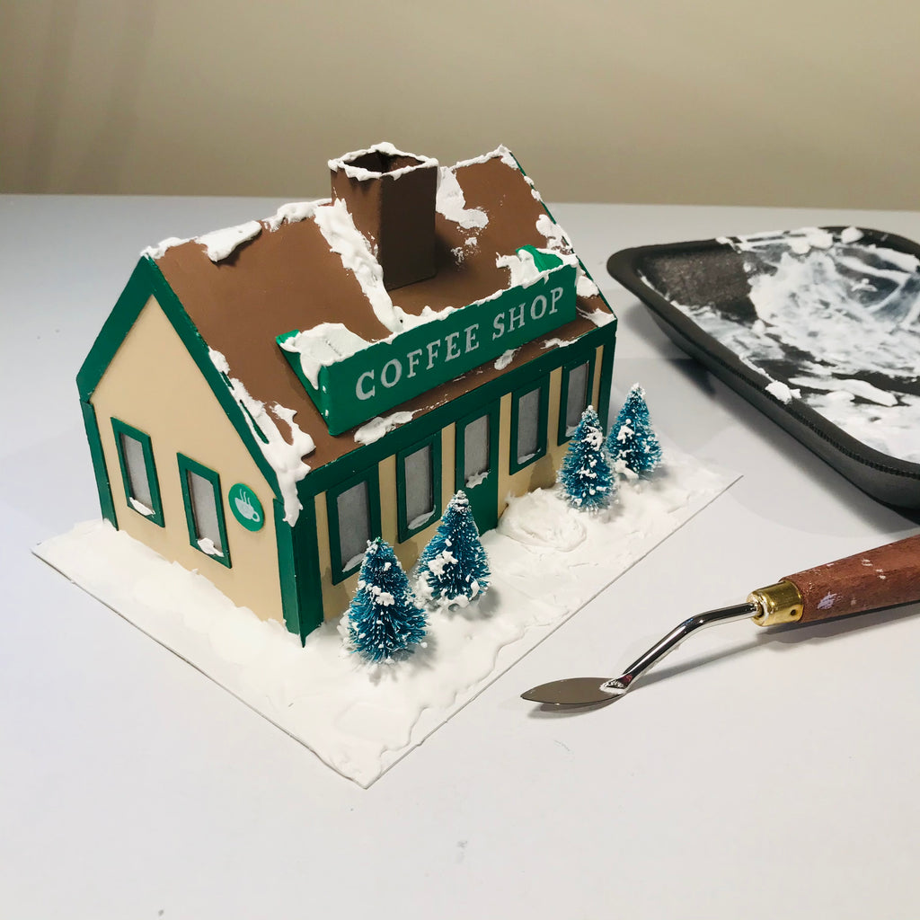 DIY Craft Christmas Putz Glitter House - Coffee Shop - Add the Fake Snow - Left View