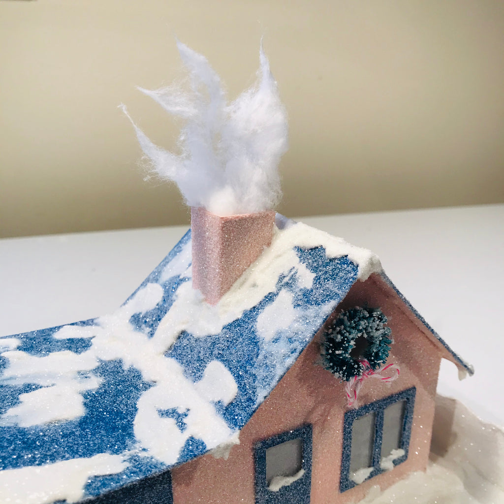 15 DIY Craft Christmas Putz Glitter House Cottage with Attached Garage Cotton Ball Smoke Chimney
