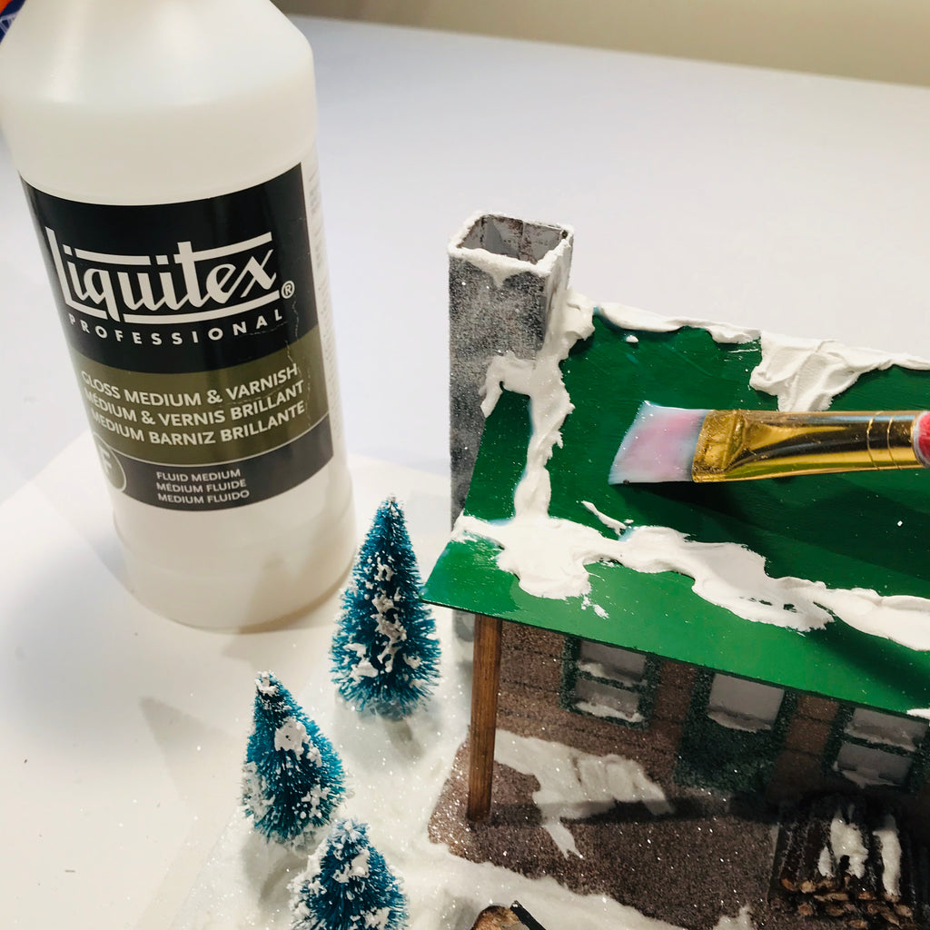 DIY Craft Christmas Putz Glitter House - Log Cabin - Apply Liquitex Gloss Medium with Brush