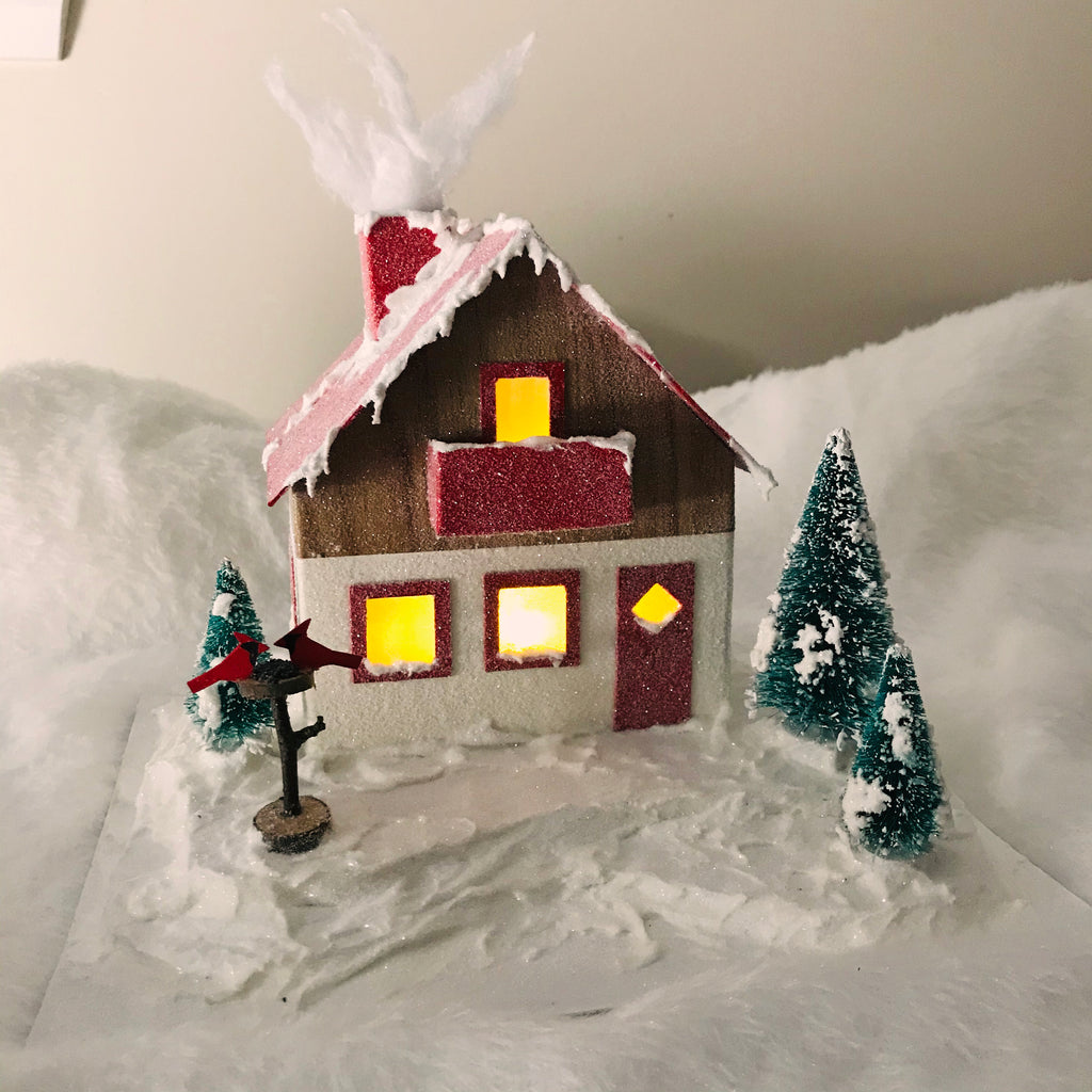 15 DIY Craft Christmas Putz Glitter House Swiss Style Alpine Chalet Illuminated Light View
