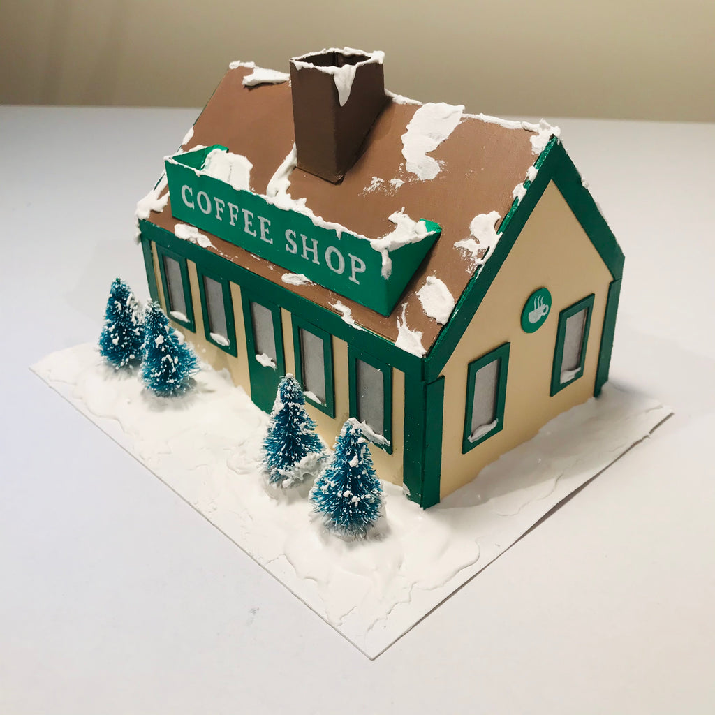 DIY Craft Christmas Putz Glitter House - Coffee Shop - Add the Fake Snow - Right View