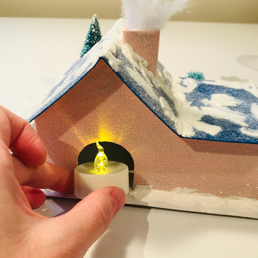 16 DIY Craft Christmas Putz Glitter House Cottage with Attached Garage Flicker Light LED Candle