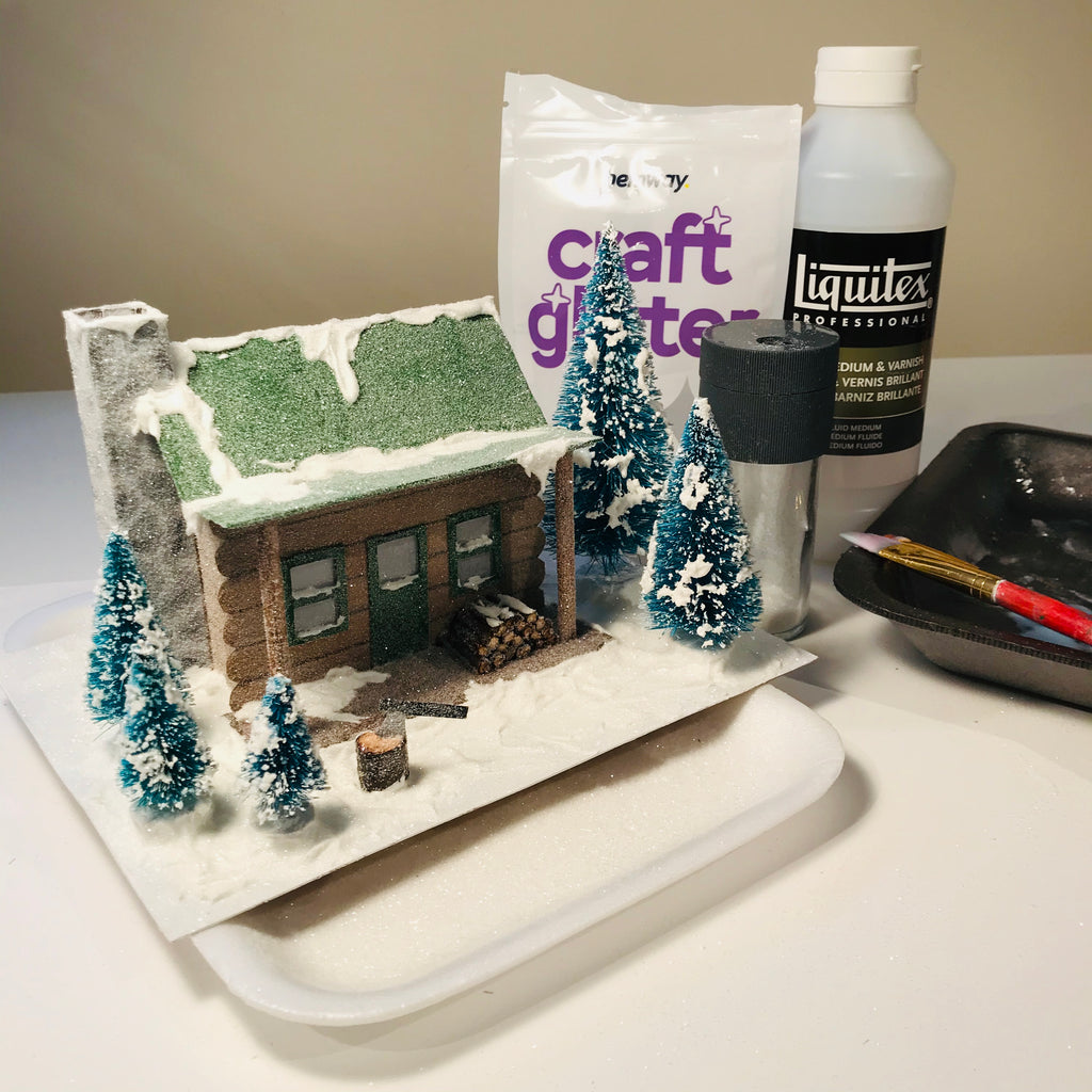 DIY Craft Christmas Putz Glitter House - Log Cabin - Finished house with Glitter