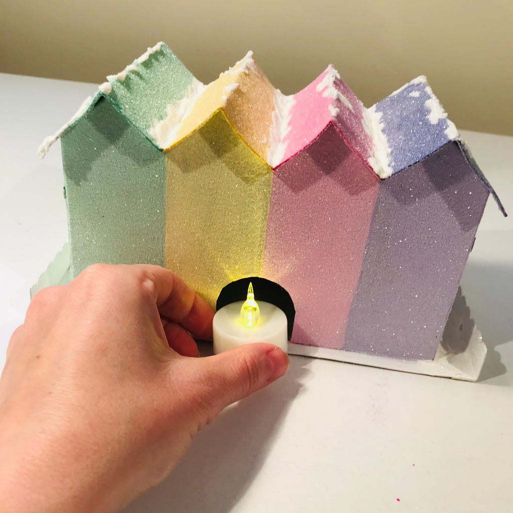 16 DIY Craft Christmas Putz Glitter House - Row Houses - Add Flicker Light LED Candle