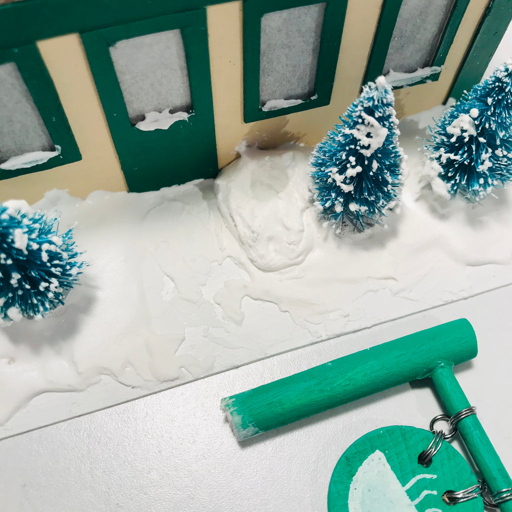 DIY Craft Christmas Putz Glitter House - Coffee Shop - Make hole in the snow for post