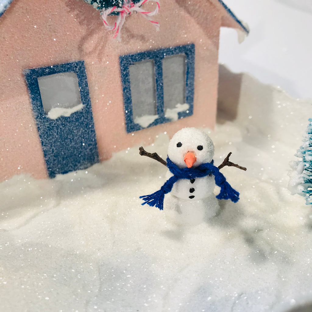 17 DIY Craft Christmas Putz Glitter House Cottage with Attached Garage Mini Scarf on Snowman