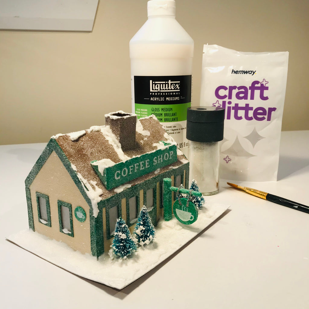 DIY Craft Christmas Putz Glitter House - Coffee Shop - Add Glitter with Liquitex Medium and Brush