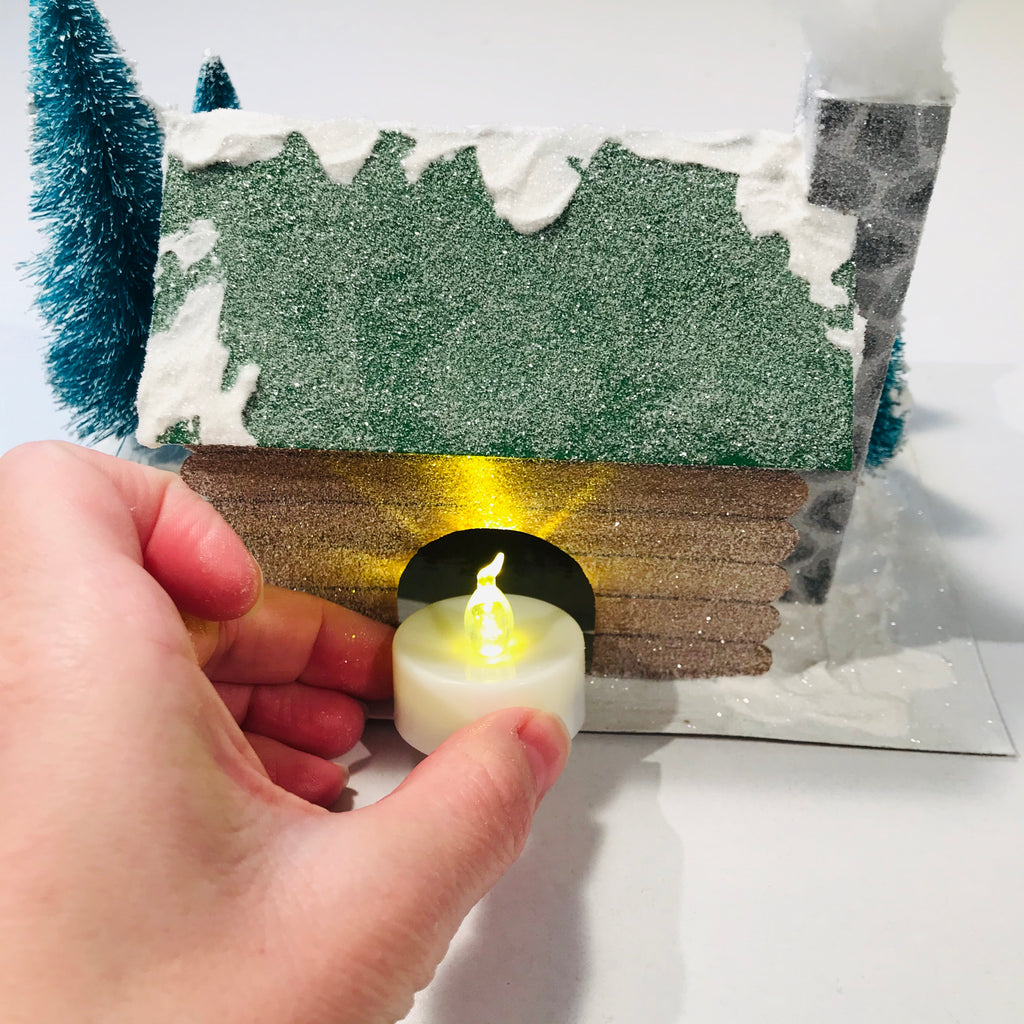 DIY Craft Christmas Putz Glitter House - Log Cabin - Add Flicker Light LED Candle