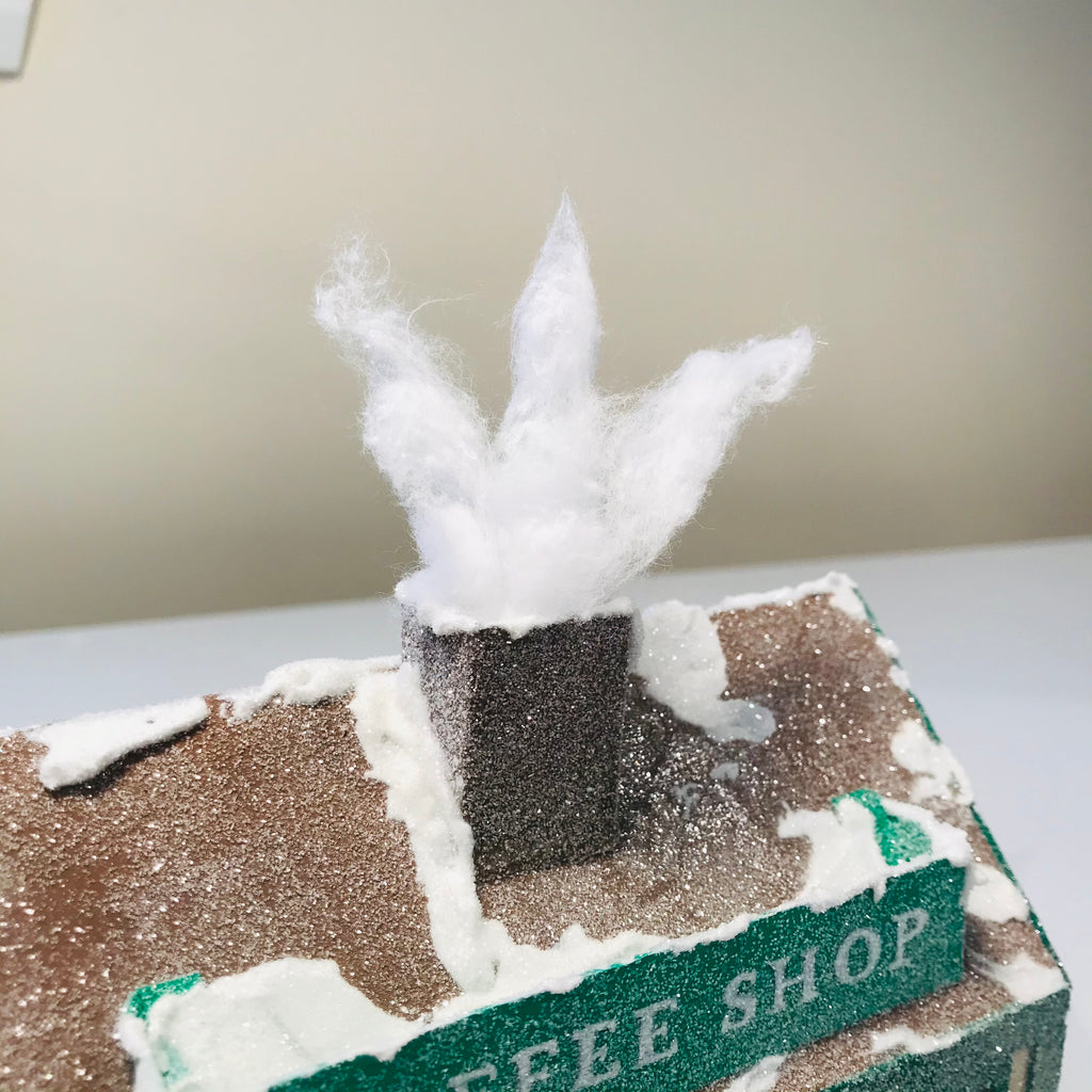 DIY Craft Christmas Putz Glitter House - Coffee Shop - Add cotton ball to make smoke in chimney