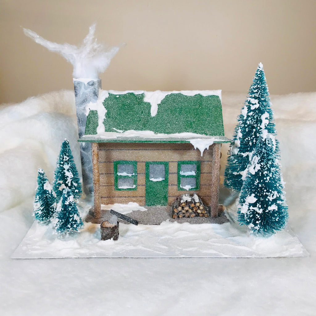 DIY Craft Christmas Putz Glitter House - Log Cabin - Front View