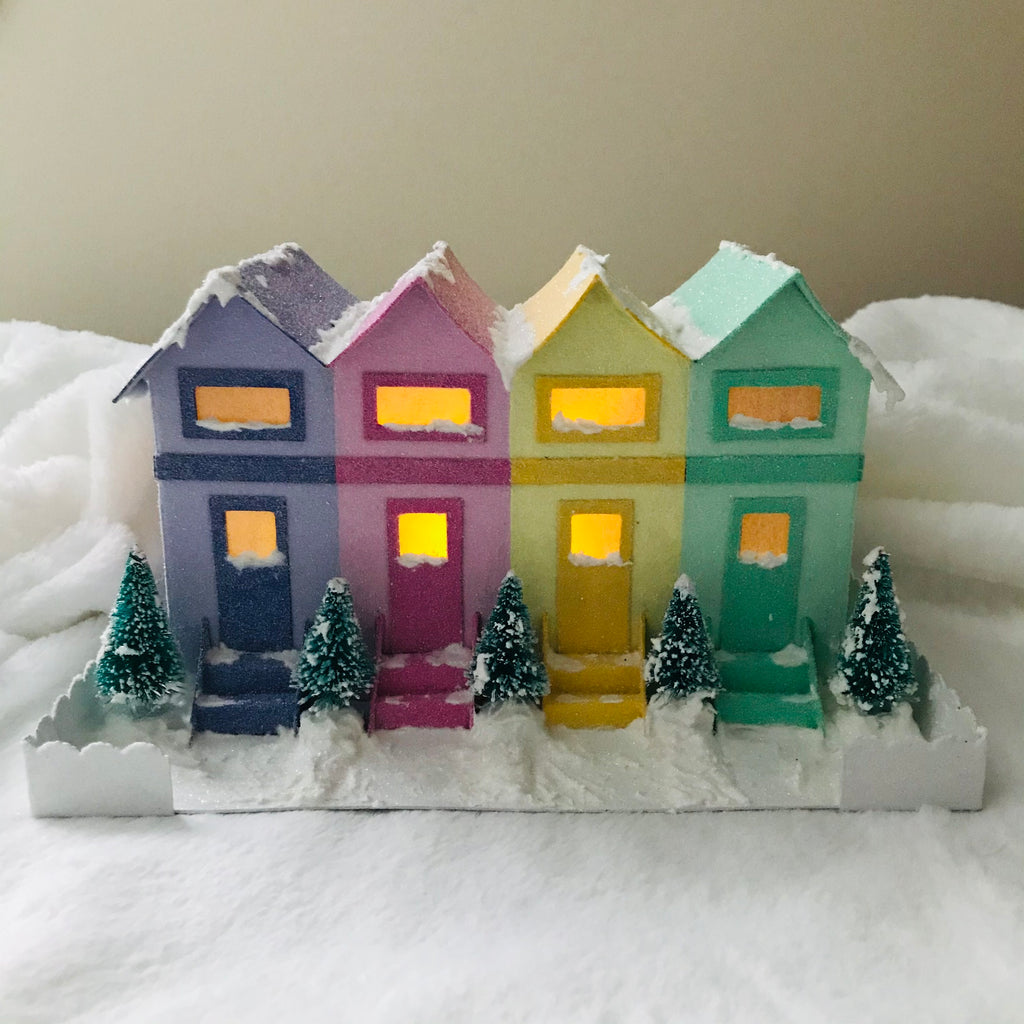 19 DIY Craft Christmas Putz Glitter House - Row Houses - Illuminated Light View