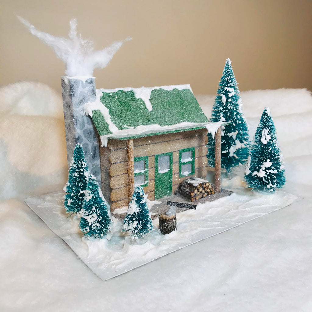 DIY Craft Christmas Putz Glitter House - Log Cabin - Side View