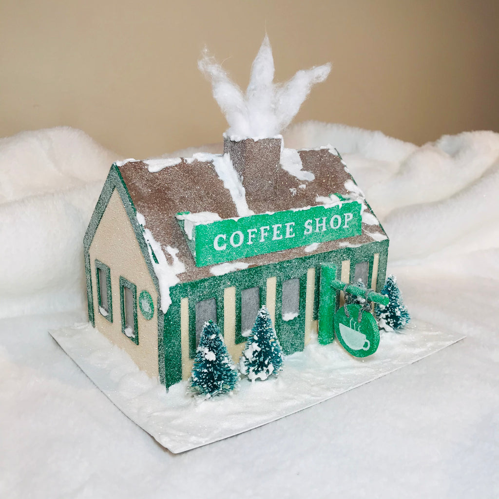 DIY Craft Christmas Putz Glitter House - Coffee Shop - Left Side View