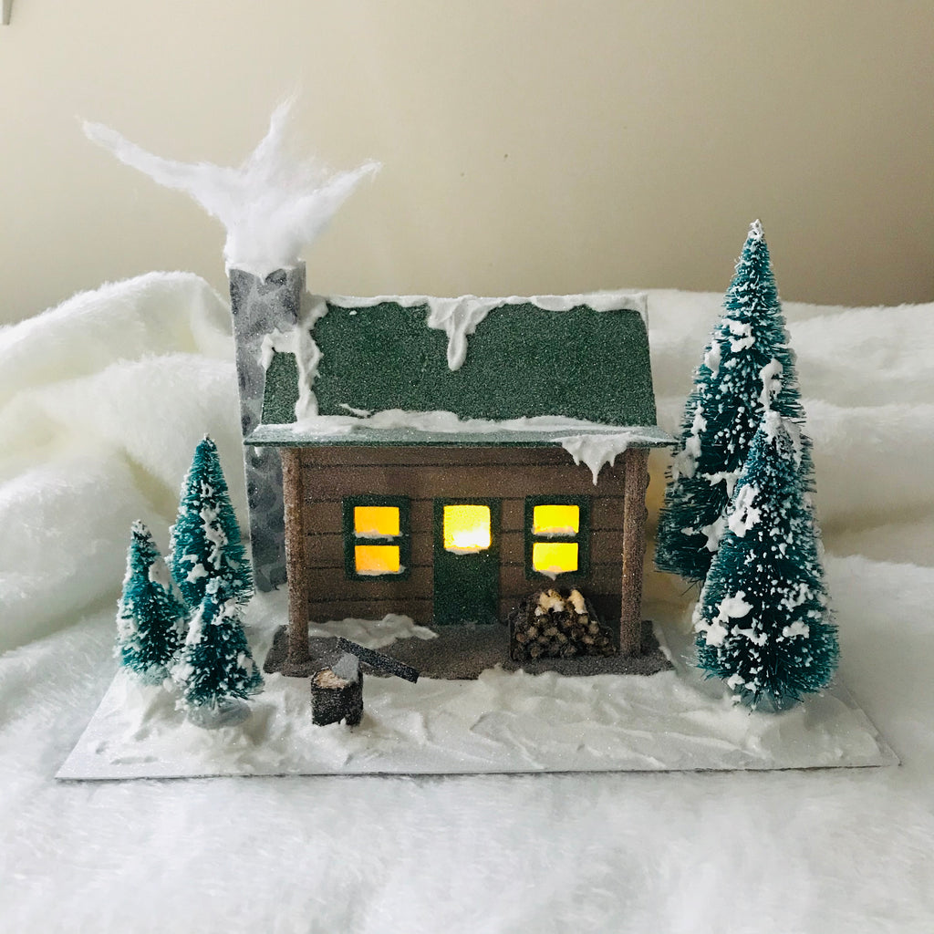 DIY Craft Christmas Putz Glitter House - Log Cabin - Illuminated Light View