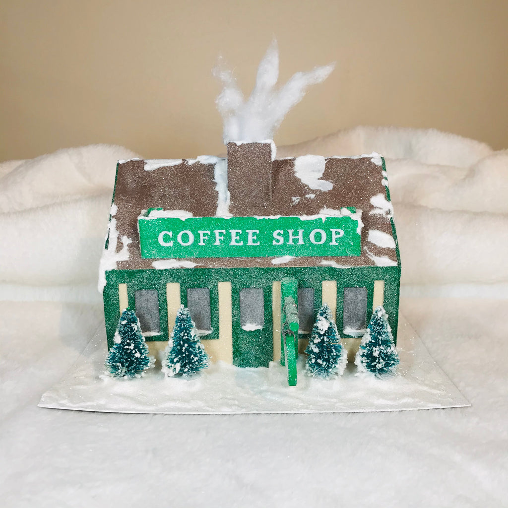 DIY Craft Christmas Putz Glitter House - Coffee Shop - Front View