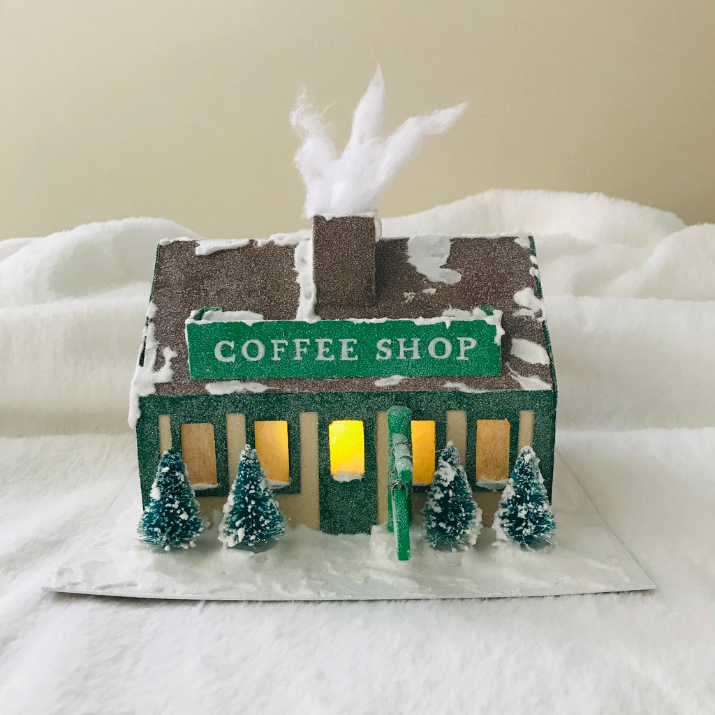 DIY Craft Christmas Putz Glitter House - Coffee Shop - Illuminated Light View