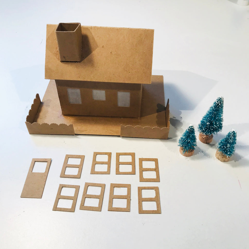 DIY Craft Tutorial - Christmas Village Putz Glitter House - Simple Cottage - Assembled - Door windows frames and sisal trees