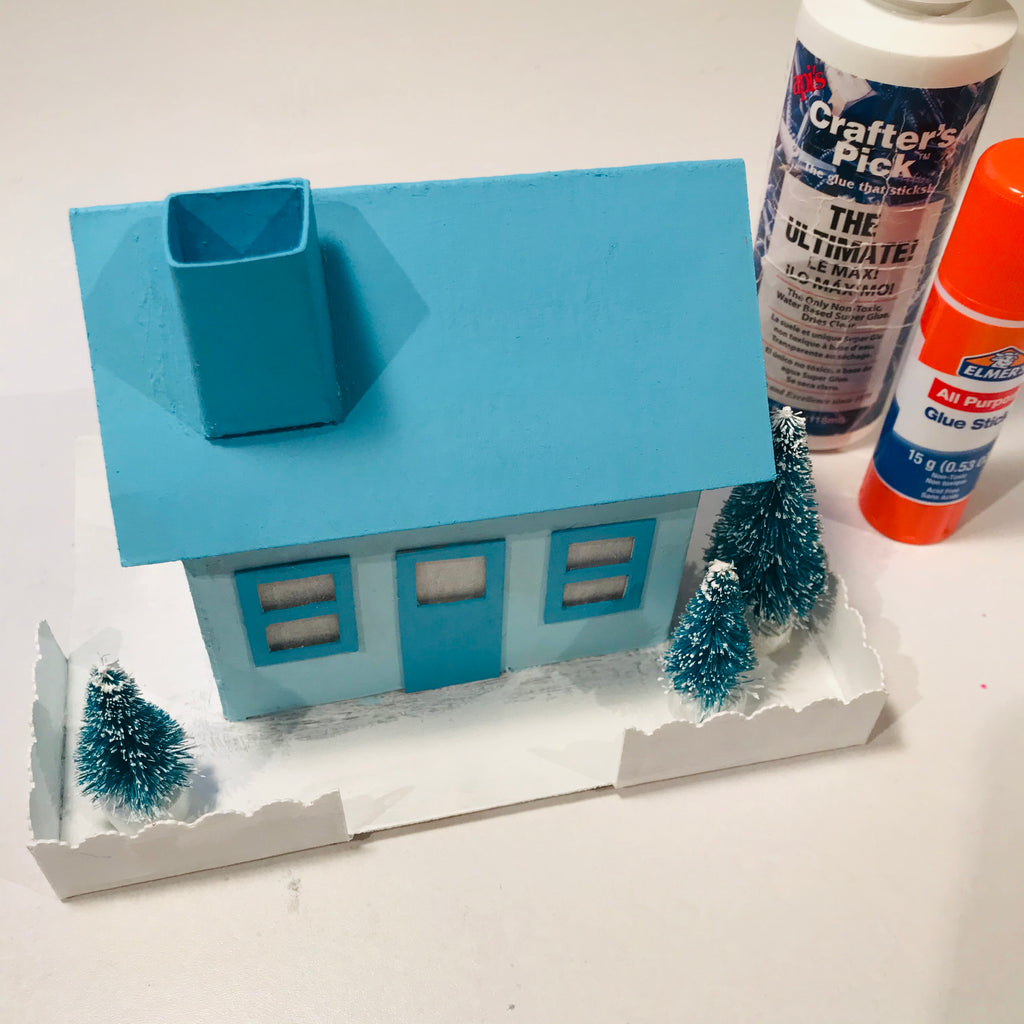 DIY Craft Tutorial - Christmas Village Putz Glitter House - Simple Cottage - Glue accessories - Windows Door Sisal Trees