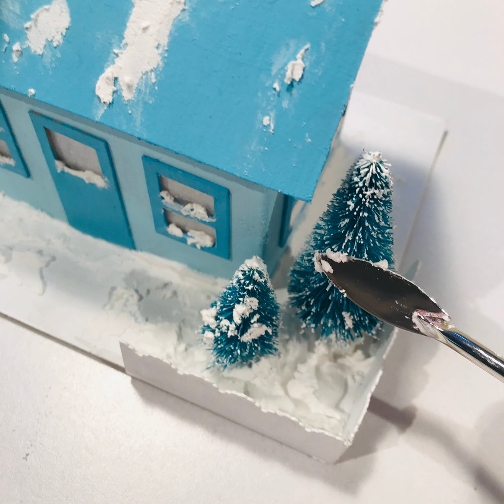 DIY Craft Tutorial - Christmas Village Putz Glitter House - Simple Cottage - Add snow to sisal trees to make them more snowy