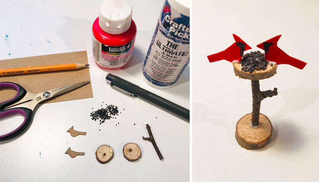4 DIY Craft Christmas Putz Glitter House Swiss Style Alpine Chalet Cardinal Bird Feeder Wood Slices Branch Poppy Seeds