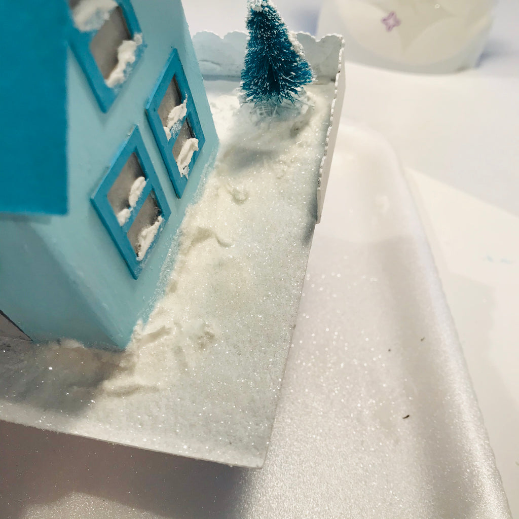 DIY Craft Tutorial - Christmas Village Putz Glitter House - Simple Cottage - Sprinkle glitter on Mod Podge