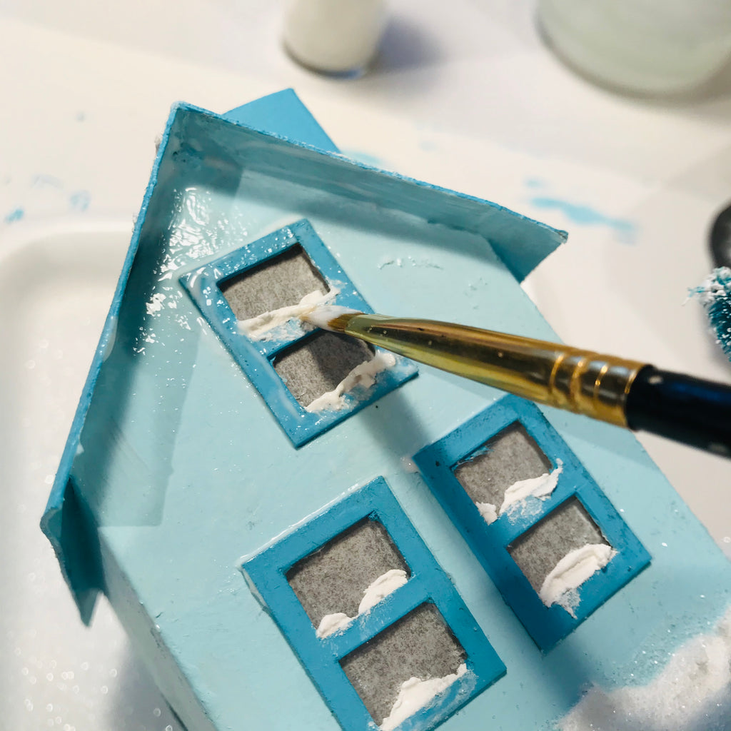 DIY Craft Tutorial - Christmas Village Putz Glitter House - Simple Cottage - Apply Mod Podge and glitter to snow on windows