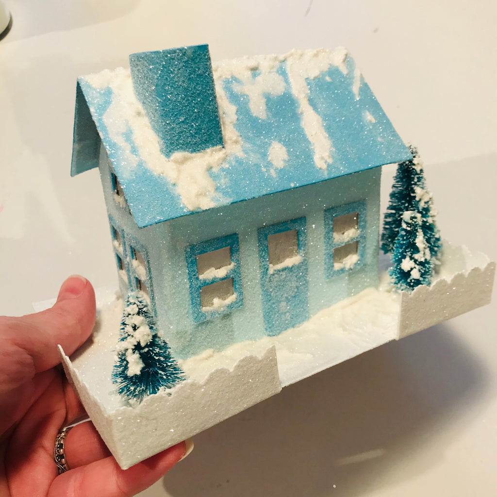 DIY Craft Tutorial - Christmas Village Putz Glitter House - Simple Cottage - House is now all glittery and sparkly