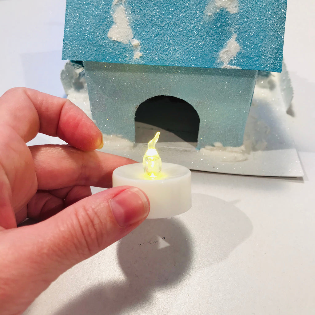 DIY Craft Tutorial - Christmas Village Putz Glitter House - Simple Cottage - Add battery operated LED tea light flicker candle