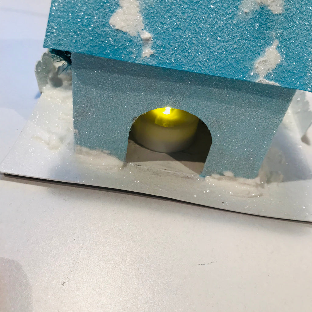 DIY Craft Tutorial - Christmas Village Putz Glitter House - Simple Cottage - Insert LED flicker candle into light hole