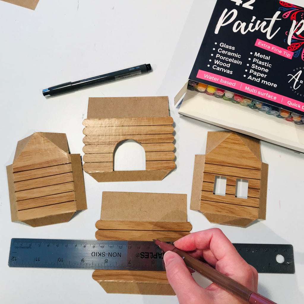 DIY Craft Christmas Putz Glitter House - Log Cabin - Draw Lines With Paint Markers