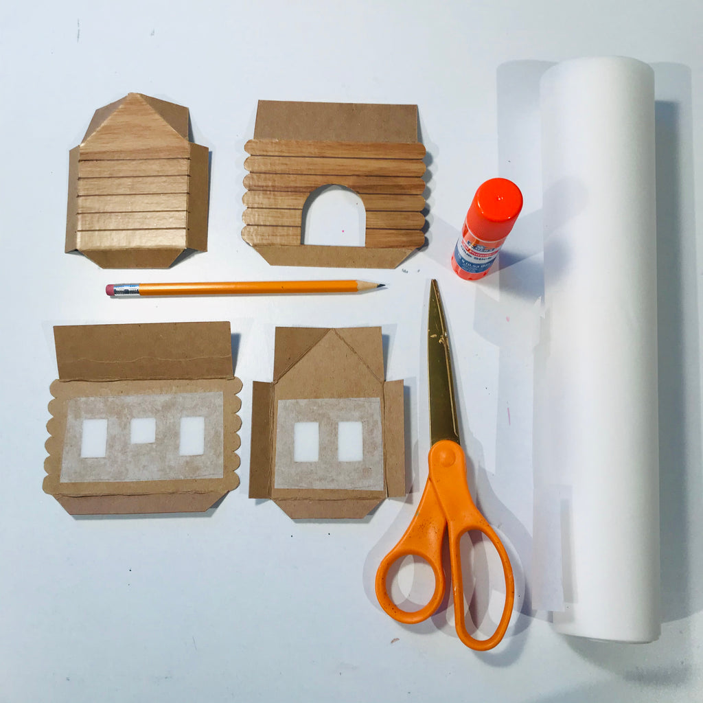 DIY Craft Christmas Putz Glitter House - Log Cabin - Frost the Windows with vellum