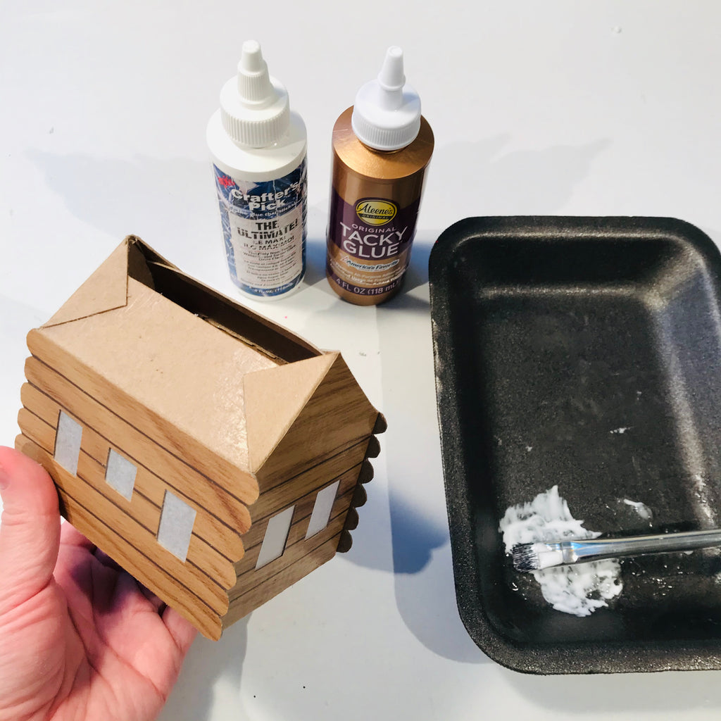 DIY Craft Christmas Putz Glitter House - Log Cabin - Assemble With White Craft Glue