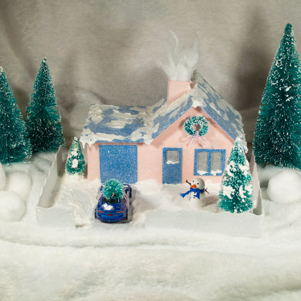 DIY Craft Tutorial 2 Cardboard Christmas Village Putz Glitter House Cottage with Attached Garage Front View