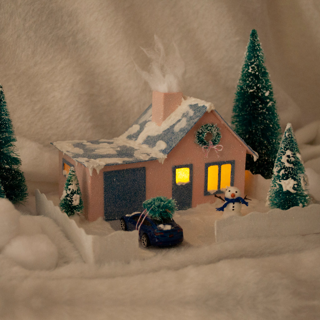 DIY Craft Tutorial 2 Cardboard Christmas Village Putz Glitter House Cottage with Attached Garage Illuminated Light View
