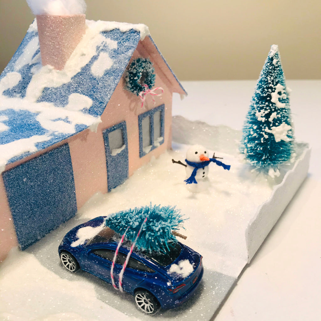 DIY Craft Tutorial 2 Cardboard Christmas Village Putz Glitter House Cottage with Attached Garage Miniature Accessories